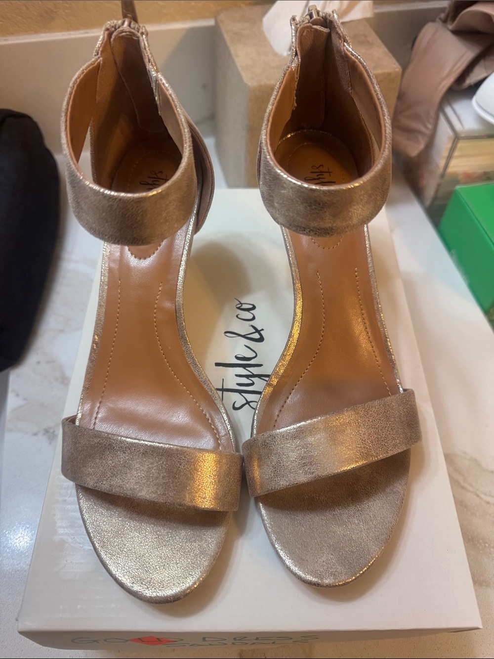 Style & Co. Metallic Gold Ankle-Strap Heels